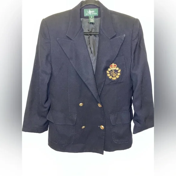 Vtg Lauren Ralph Lauren Double Breasted Crest Logo Wool Blue PreppyBla…